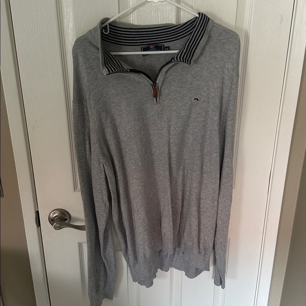 Vineyard Vine Gray Quarter-Zip Sweater with Striped Collar